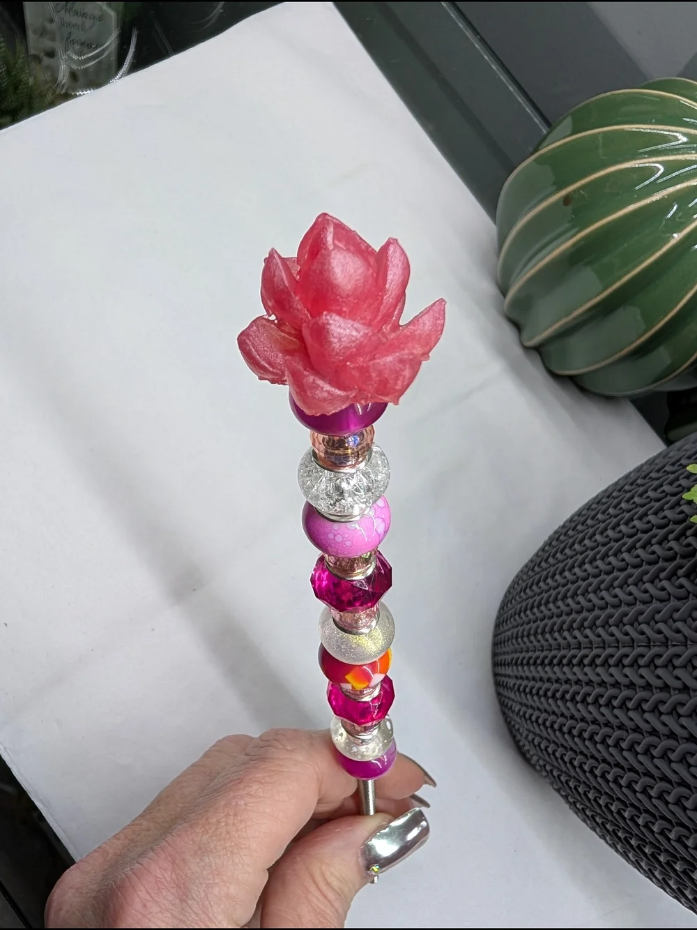 Pink Beaded Fairy Wand/Plant/Garden Garden Stake W/ Resin Succulent Topper